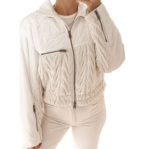 Free People Off White Cable Knit Puffer Jacket Zip up Size XL NWT $298 - Picture 1 of 7